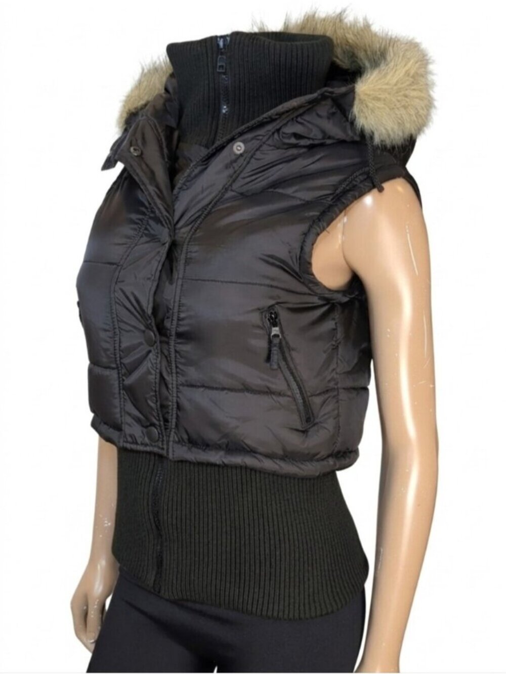 Costa Blanca Black Cropped Puffer Vest Faux Fur Hood Ribbed Knit Size Medium